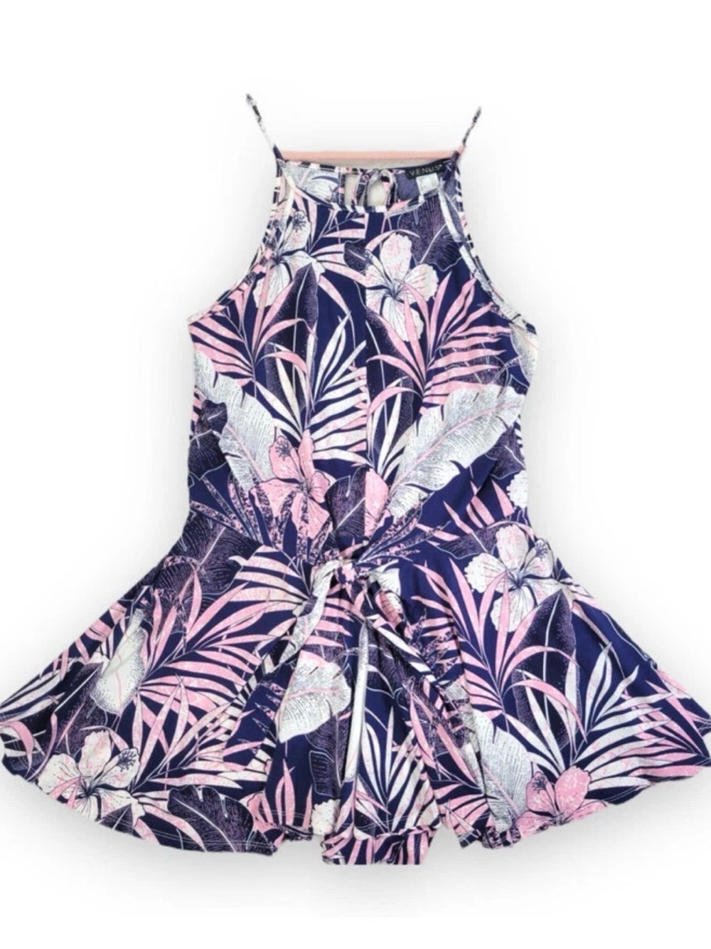 VENUS Tropical Hibiscus Palm Print Romper XS Blue Pink Vacation Resort Boho